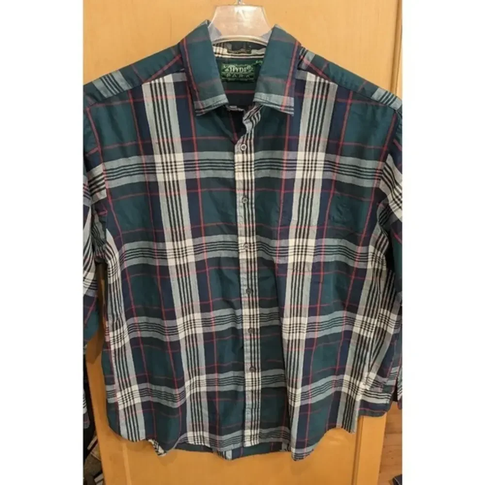 Vintage Hyde Park Men's Button Down Shirt Green‎ Blue Plaid Large 65/35
